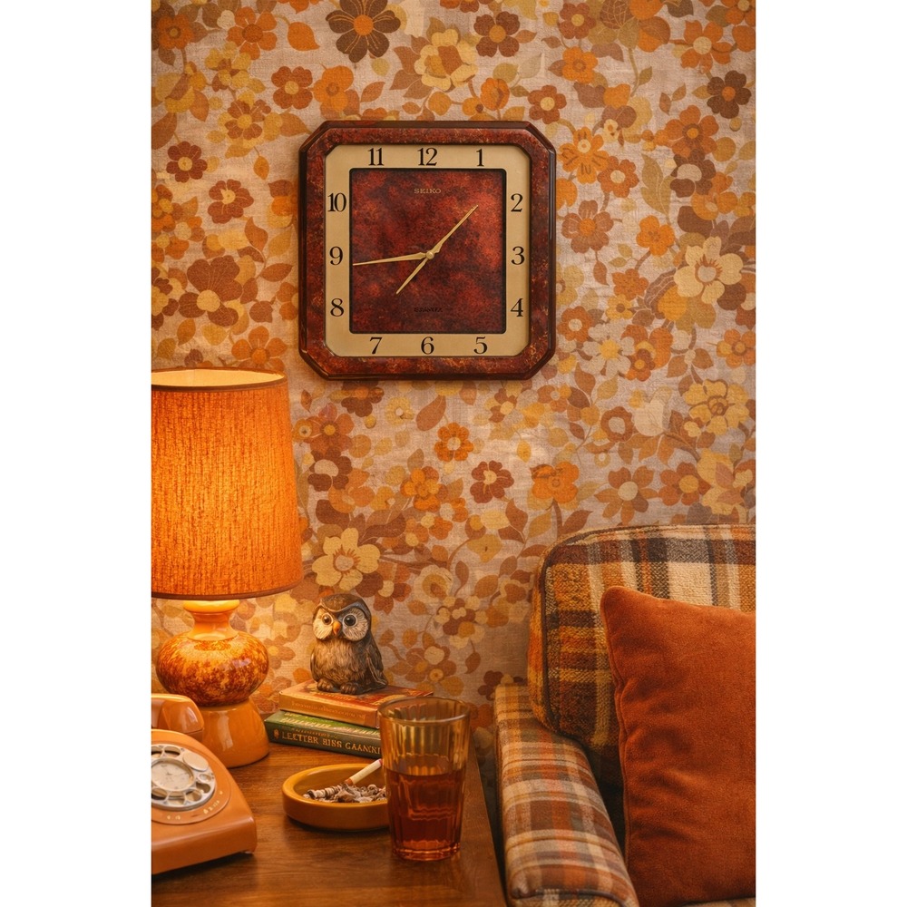 Seiko‎ Quartz Wall Clock Vintage Red Marble Burl Wood Style Square 11.5in